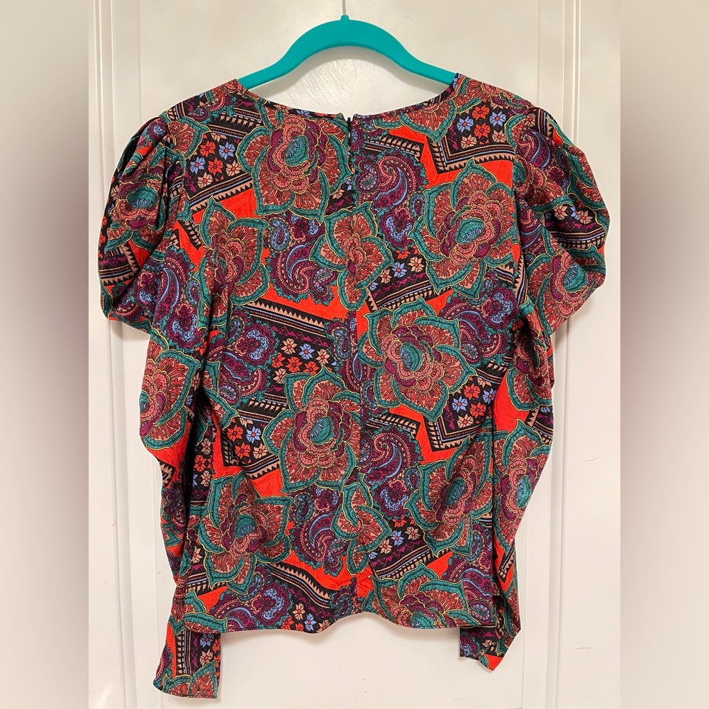 Veronica Beard Simmons Paisley Floral Silk Blend Top Puff Sleeves Y2K Size 4 - Picture 6 of 10